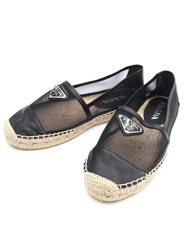 PRADA プラダ ロゴプレートメッシュ ナッパレザー エスパドリーユシューズ