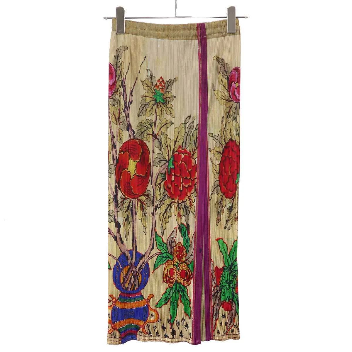 ISSEY MIYAKE プリーツプリーズ イッセイミヤケ 牡丹絵画プリントプリーツスカート PP84-JG572
