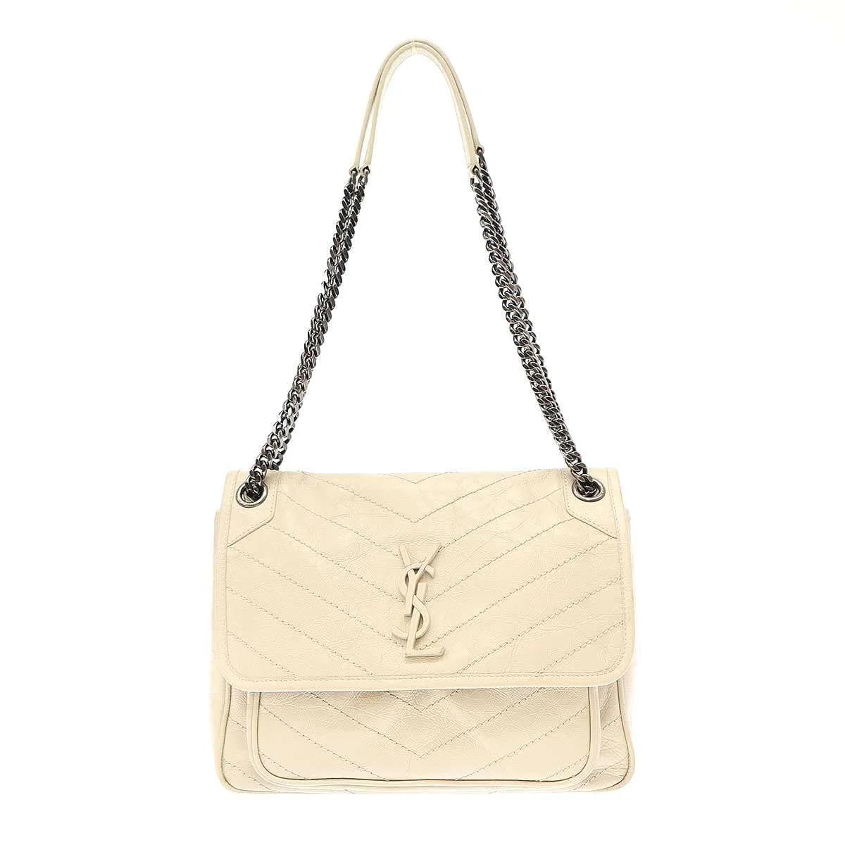 SAINT LAURENT サンローラン パリ リンクルヴィンテージレザーフラップショルダーバッグ BLANC VINTAGE AGED METAL