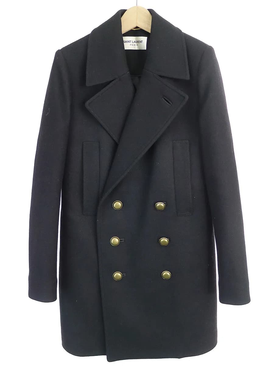 SAINT LAURENT サンローラン パリ シルクキルトライニングダブルブレストピーコート