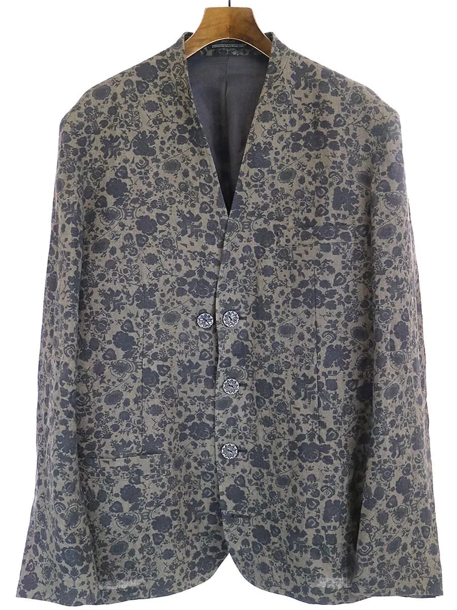 Yohji Yamamoto ヨウジヤマモト プール オム 15SS ローズプリントボタン装飾ノーカラージャケット