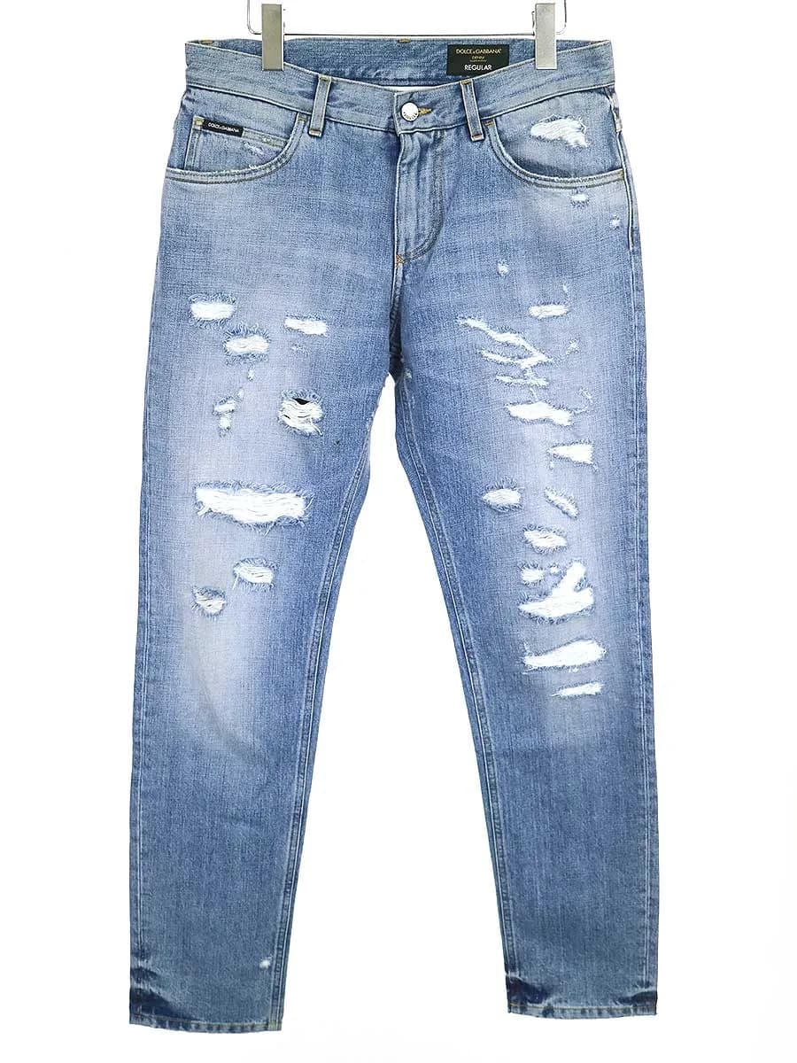 DOLCE&GABBANA ドルチェ&ガッバーナ ロゴプレート付きダメージ加工デニムパンツ