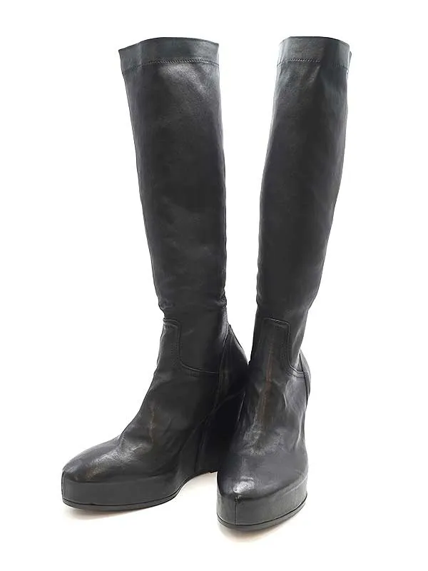 ANN DEMEULEMEESTER アンドゥムルメステール ウェッジソールバックジップレザーロングブーツ