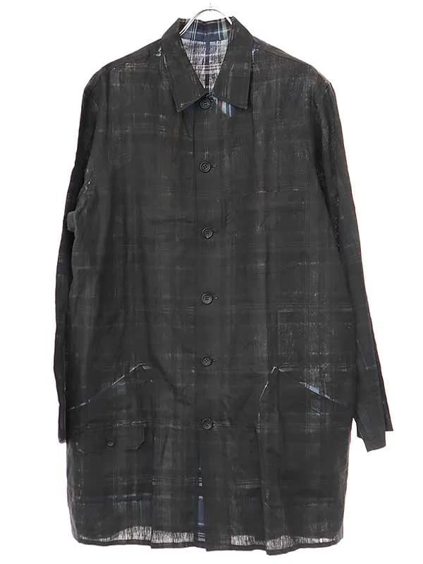 Yohji Yamamoto ヨウジヤマモト プールオム 23SS MULTI POCKET LINEN SHIRT ローラーペイント加工ロングチェックシャツ