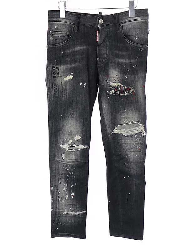 DSQUARED2 ディースクエアード 21SS Studded Trash Black Wash Skater Jeans ペイント加工デニムパンツ