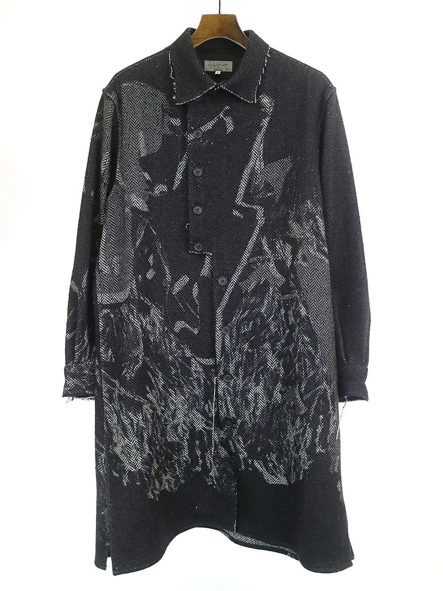 Yohji Yamamoto ヨウジヤマモト プール オム 19AW アシメ女達ヘリンボーンPB 総柄カットオフデザインコート ジャケット