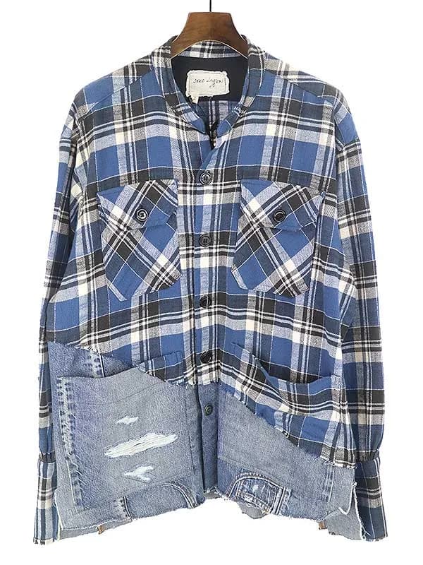 Greg Lauren グレッグ ローレン Palmetto Denim 50/50 Boxy デニムドッキングチェックシャツ