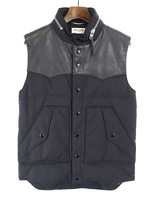 SAINT LAURENT サンローラン パリ 13AW フード付きレザー切替ダウンベスト