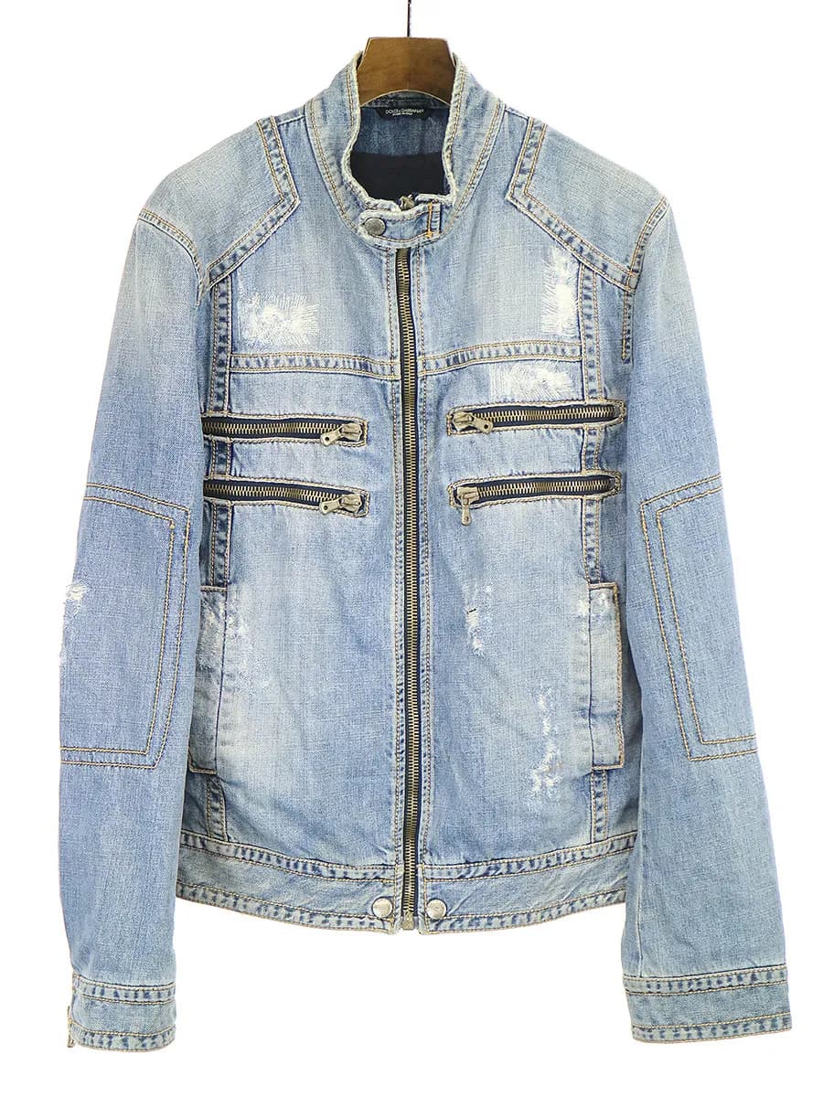 DOLCE&GABBANA ドルチェ&ガッバーナ クラッシュリペア加工ライダースデニムジャケット