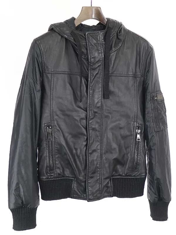 DOLCE&GABBANA ドルチェ&ガッバーナ ナイロンスリーブレザーフーデットボンバージャケット