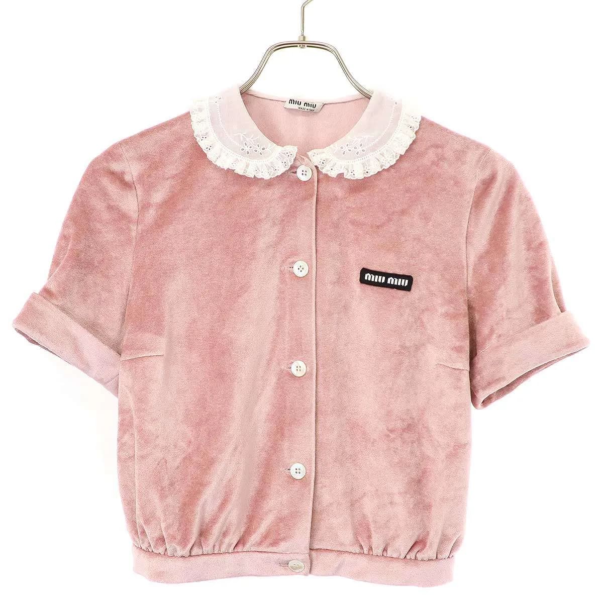 miu miu ミュウミュウ 21SS ラウンドレースカラー ベルベットショートスリーブトップス