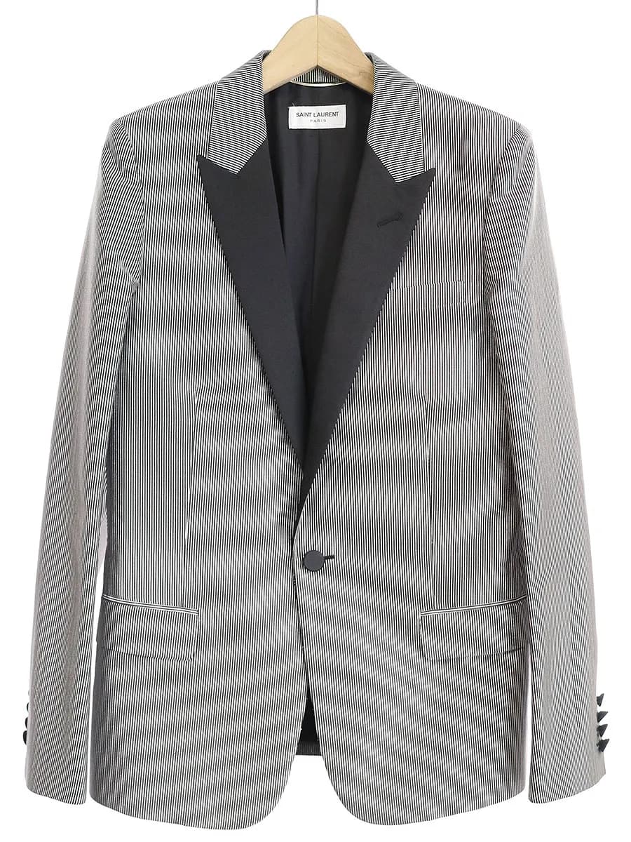 SAINT LAURENT サンローラン パリ 13AW ピンストライプサテンラペルスモーキングジャケット