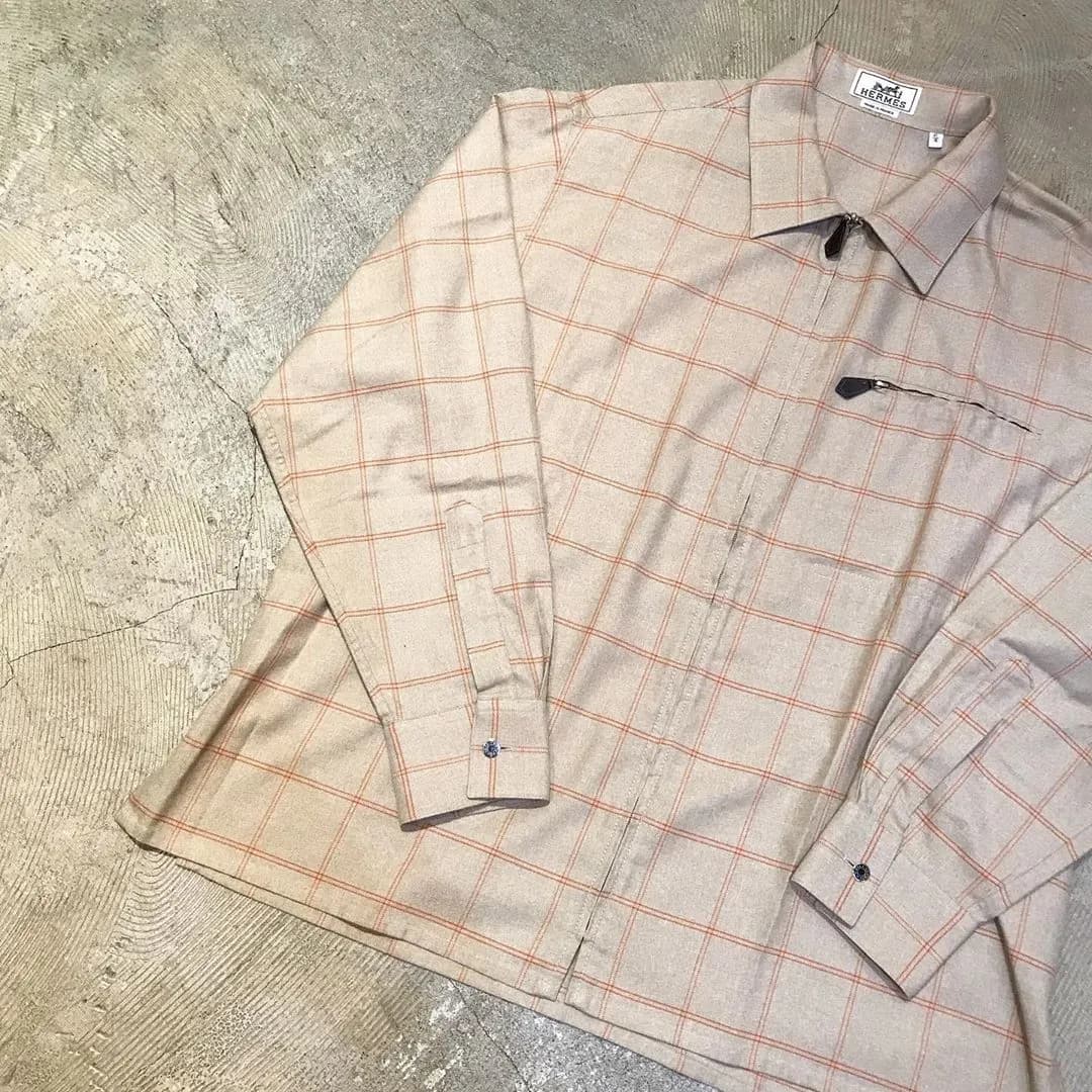 HERMES HERMES カシミヤ混プラッドチェックジップアップシャツジャケット