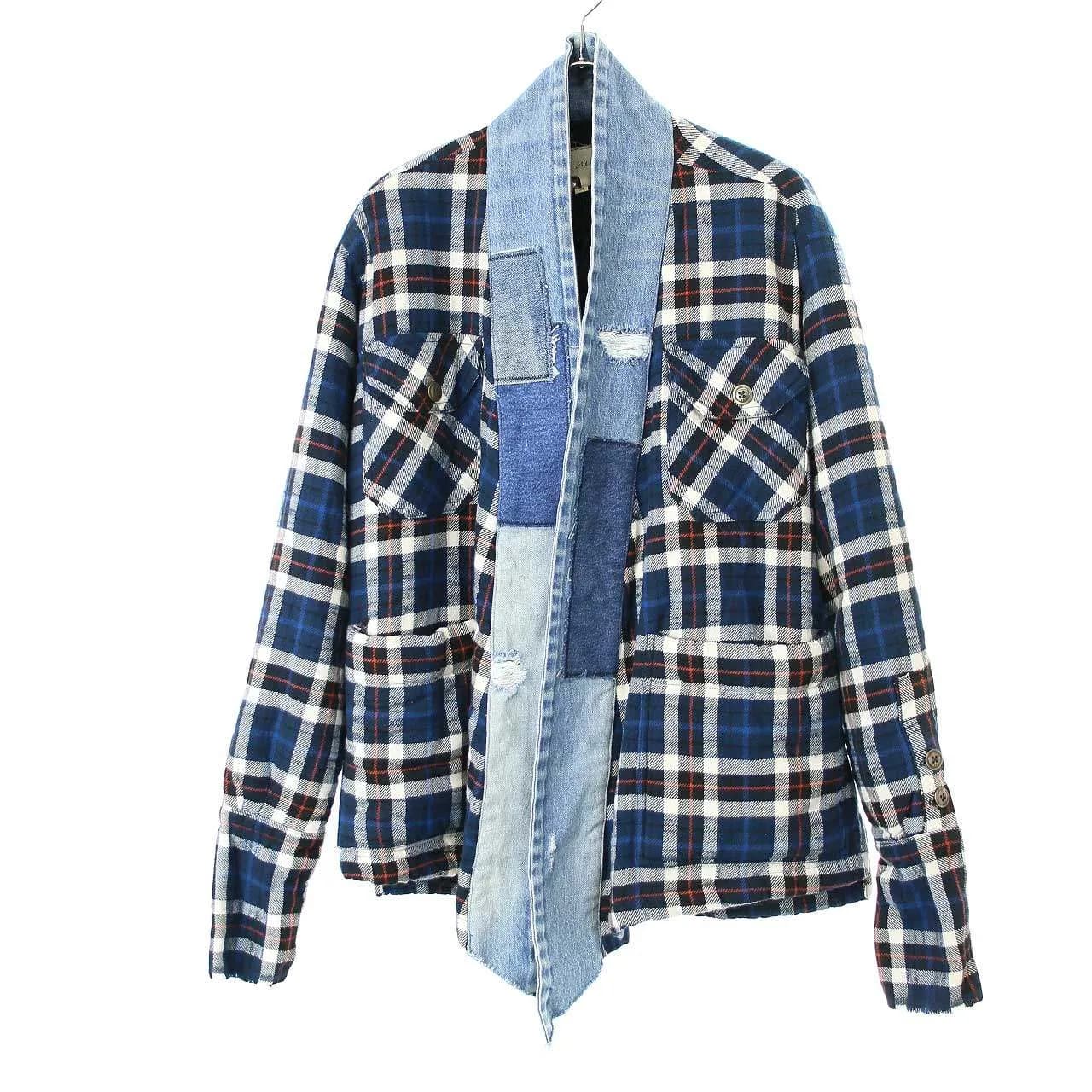 Greg Lauren グレッグ ローレン PLAID SHERPA LINED ボアライナーデニムコンビチェックカーディガン