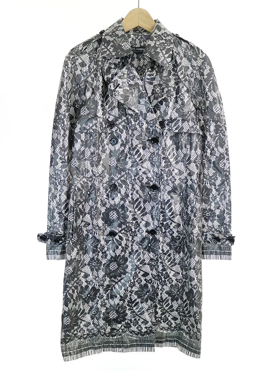 DOLCE&GABBANA ドルチェ&ガッバーナ レジンコーティングレースプリントシルクトレンチコート