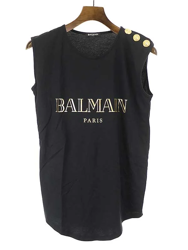 BALMAIN HOMME バルマン パリ メタルボタンロゴプリントノースリーブカットソー