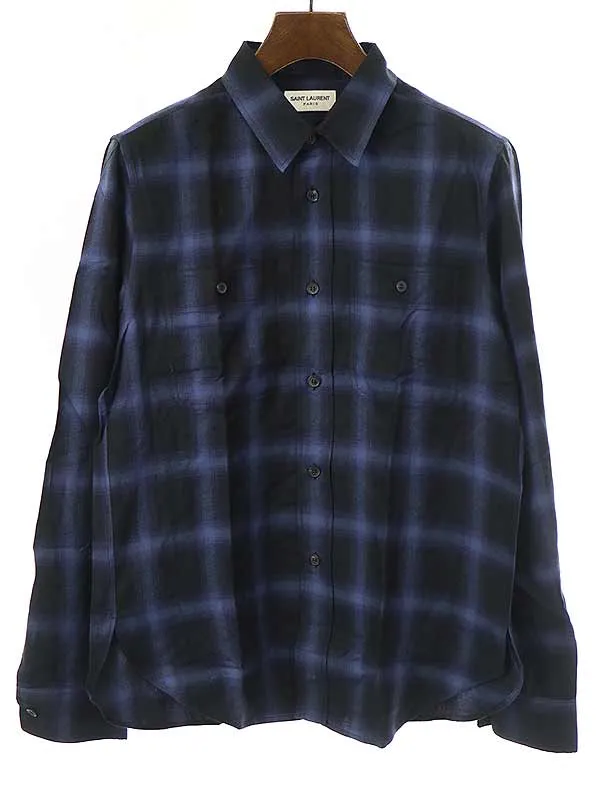 SAINT LAURENT サンローラン パリ 13AW オンブレチェックコットンリヨセルシャツ ブルー ブラック L 326821