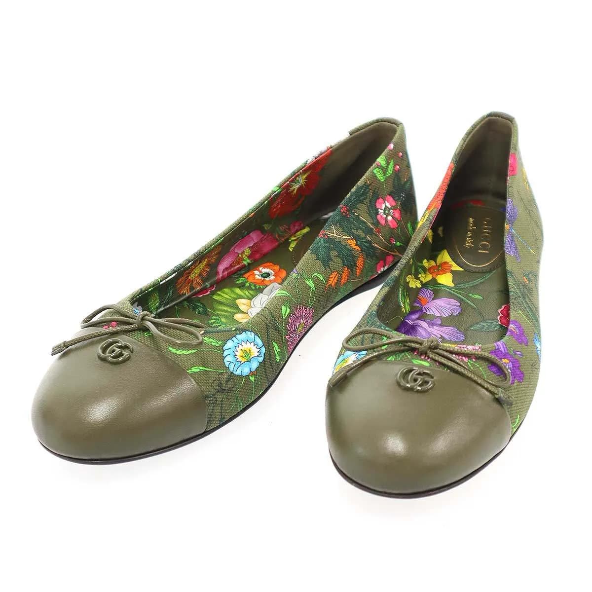 GUCCI グッチ フローラル レザーキャンバスフラットパンプス 840726