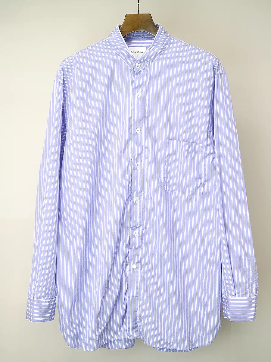 CristaSeya クリスタセヤ×サルヴァトーレピッコロ 19SS HANDMADE MAO SHIRT WITH FRINGED COLLAR ストライプ柄マオカラーコットンブロードシャツ