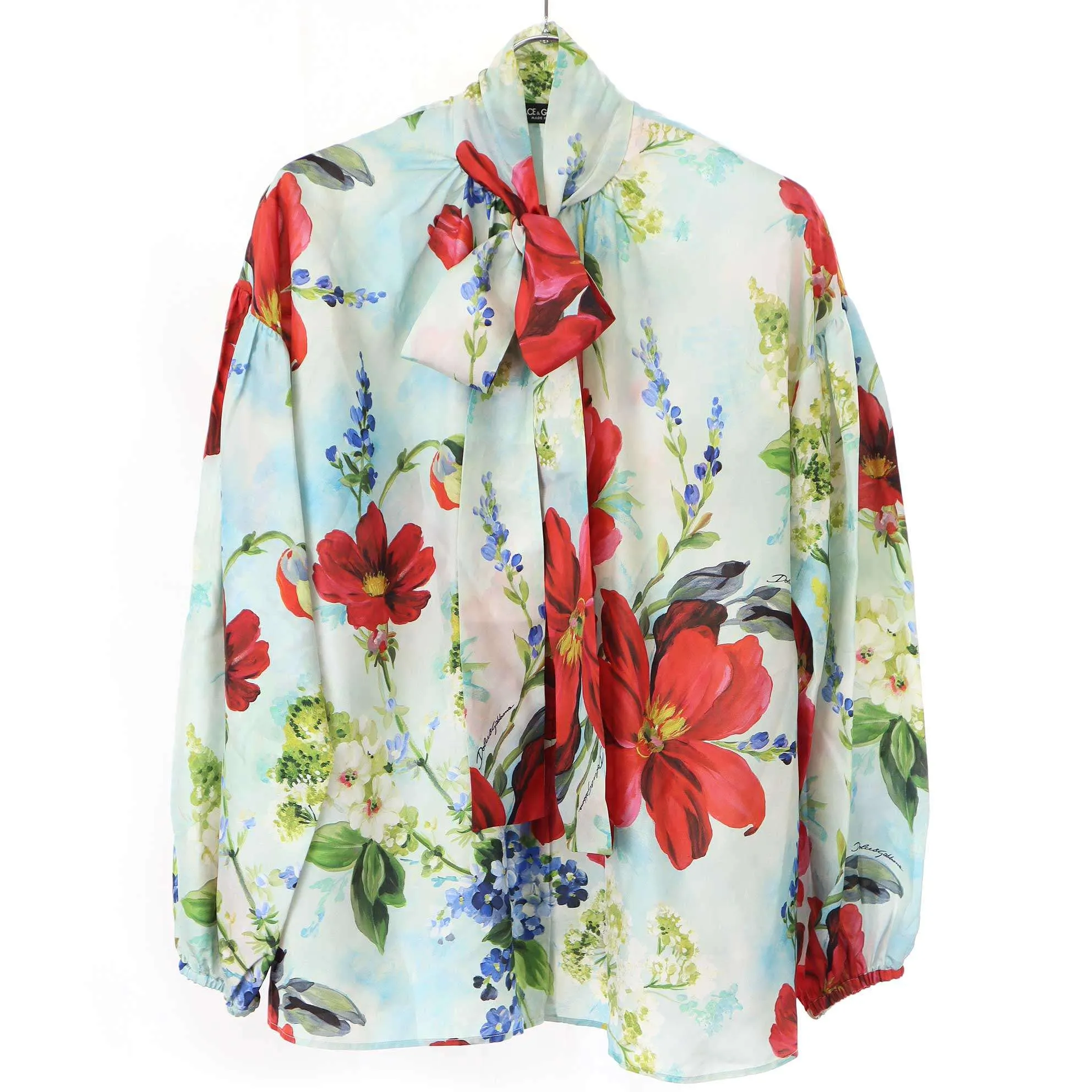 DOLCE&GABBANA ドルチェ&ガッバーナ フローラルパターンボウカラーシルクドレスシャツ