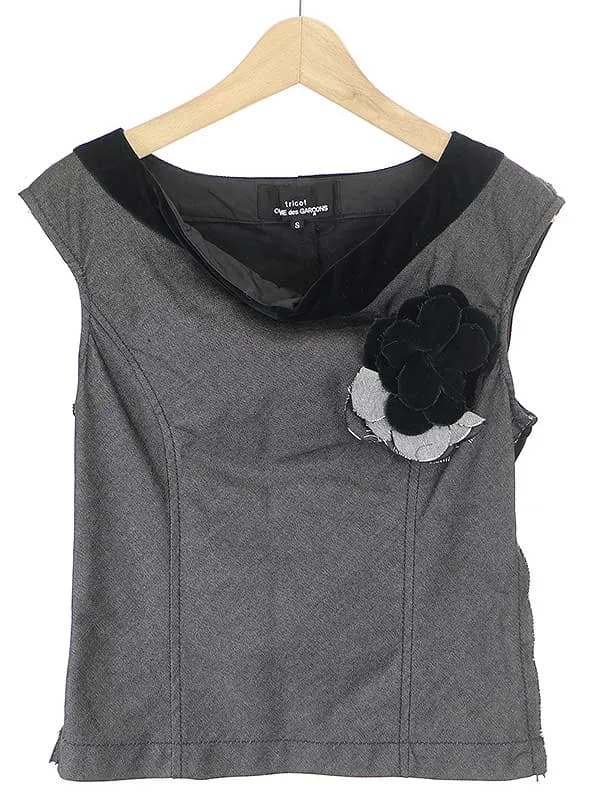 COMME des GARCONS トリコ コムデギャルソン 04SS 製品洗い加工バックベロア切替デニムノースリーブトップス