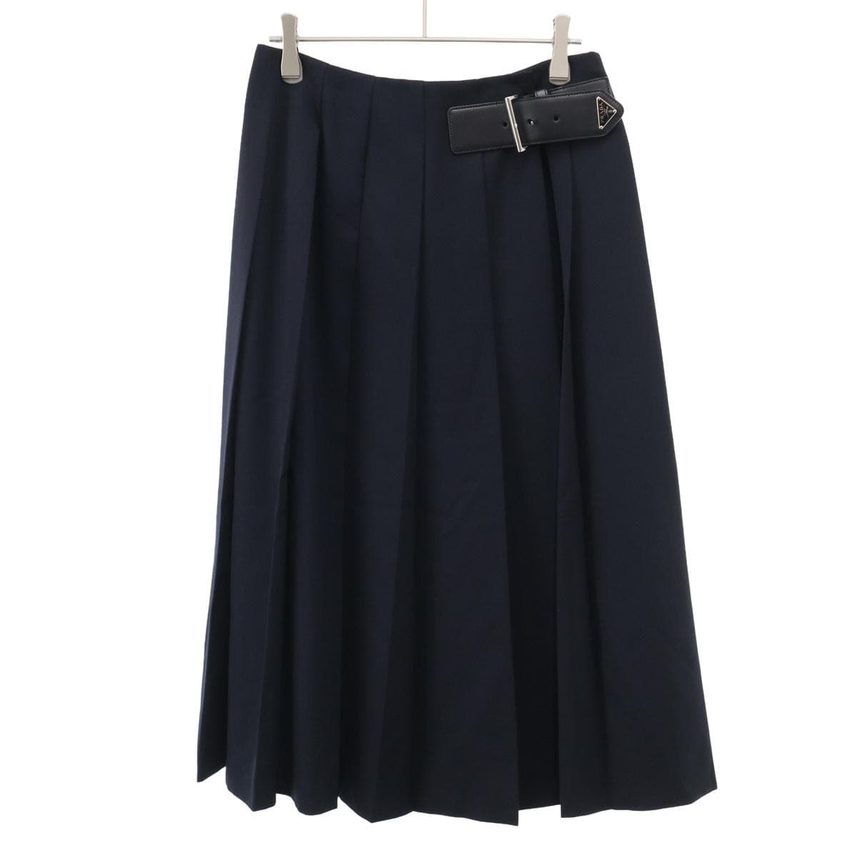 PRADA PRADA プラダ 22AW トライアングルレザーベルトウールプリーツスカート P122UE 36 ネイビー