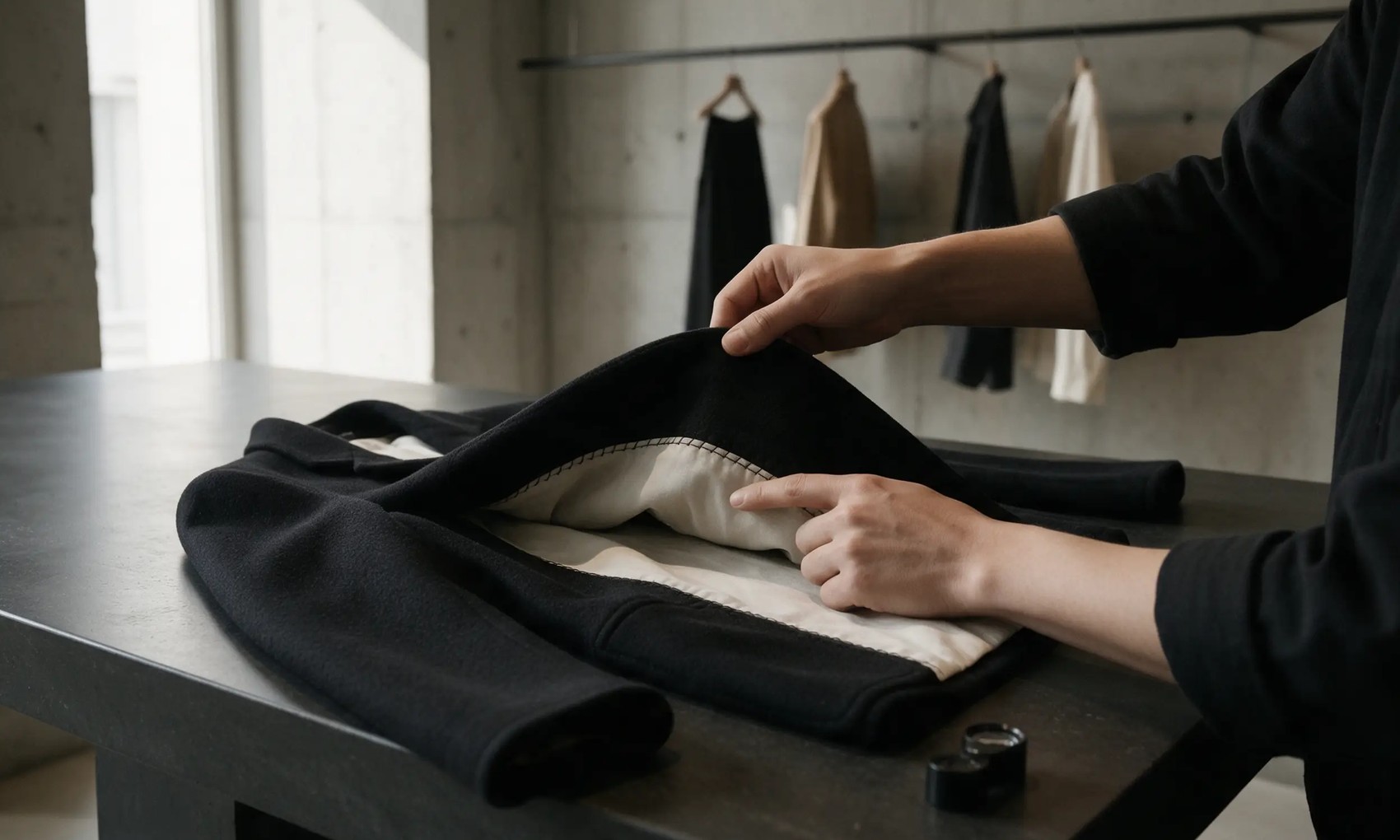 作業台でジャケットの裏地の縫い目を確かめる査定の手元