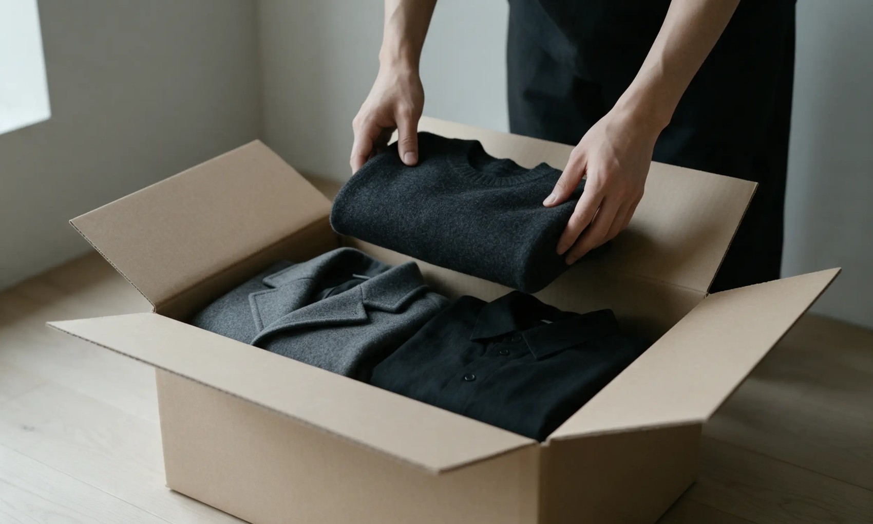 宅配キットの箱にたたんだ服を詰める手元