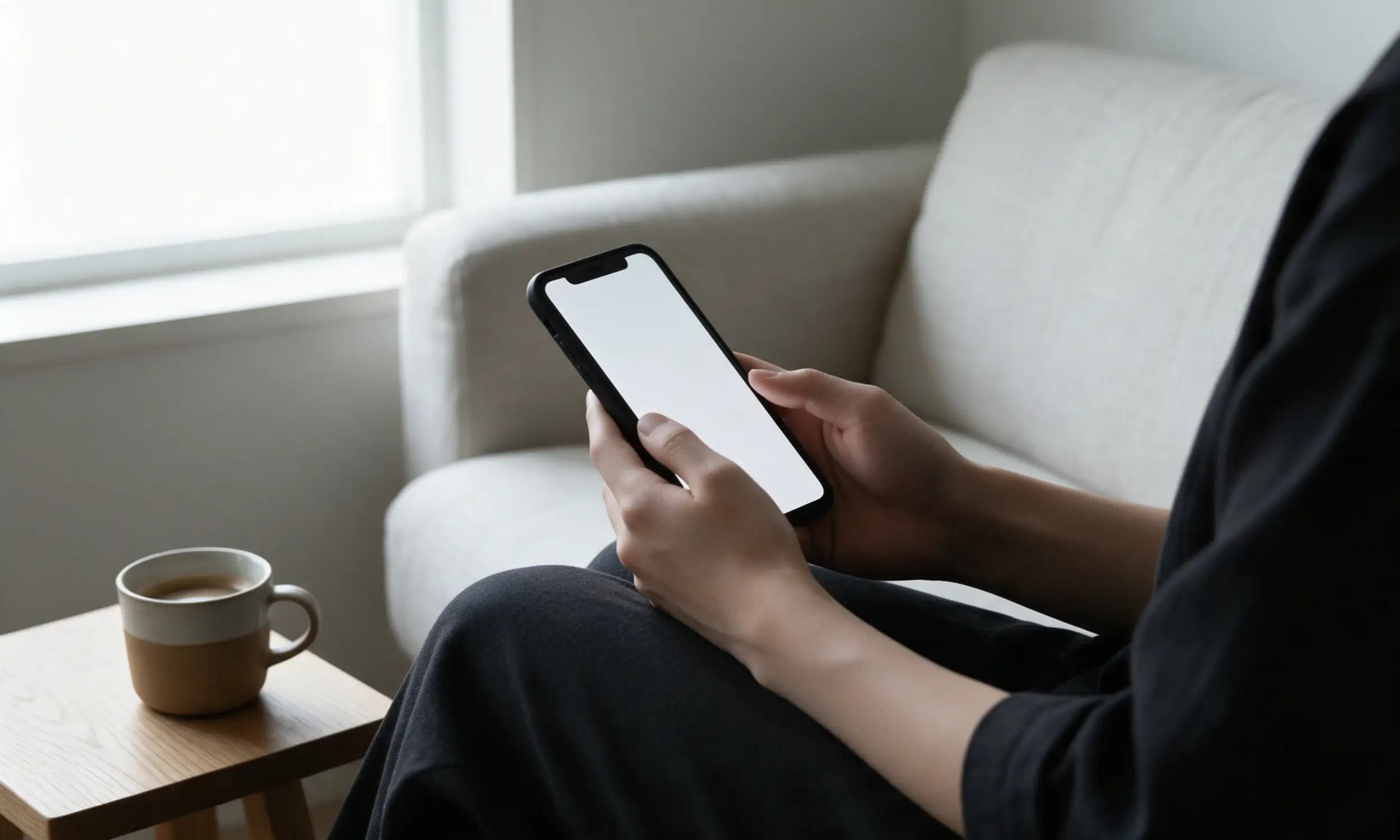 自宅でスマートフォンから査定結果を確かめる手元