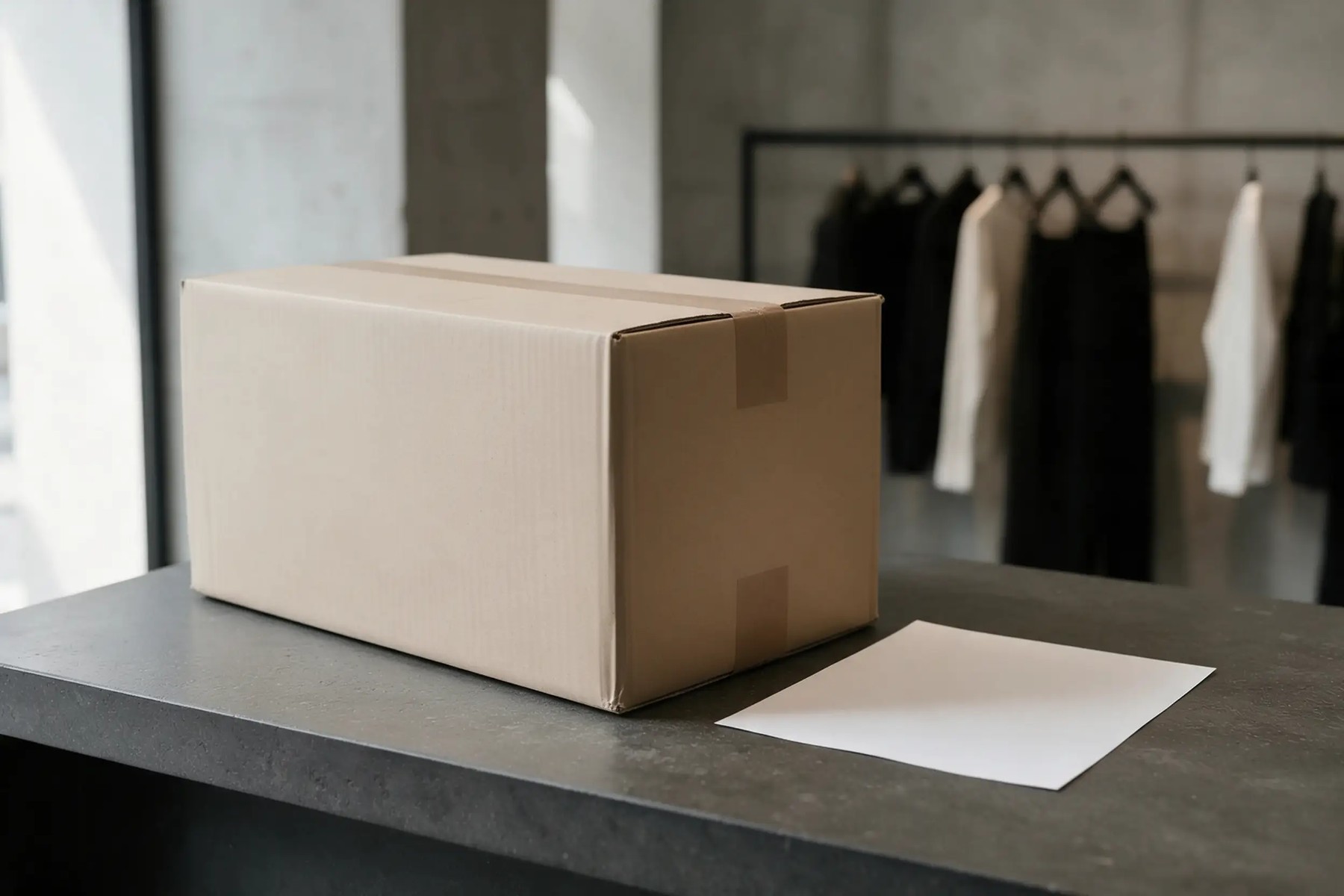 店のカウンターに届いた大きな段ボール箱と見積書