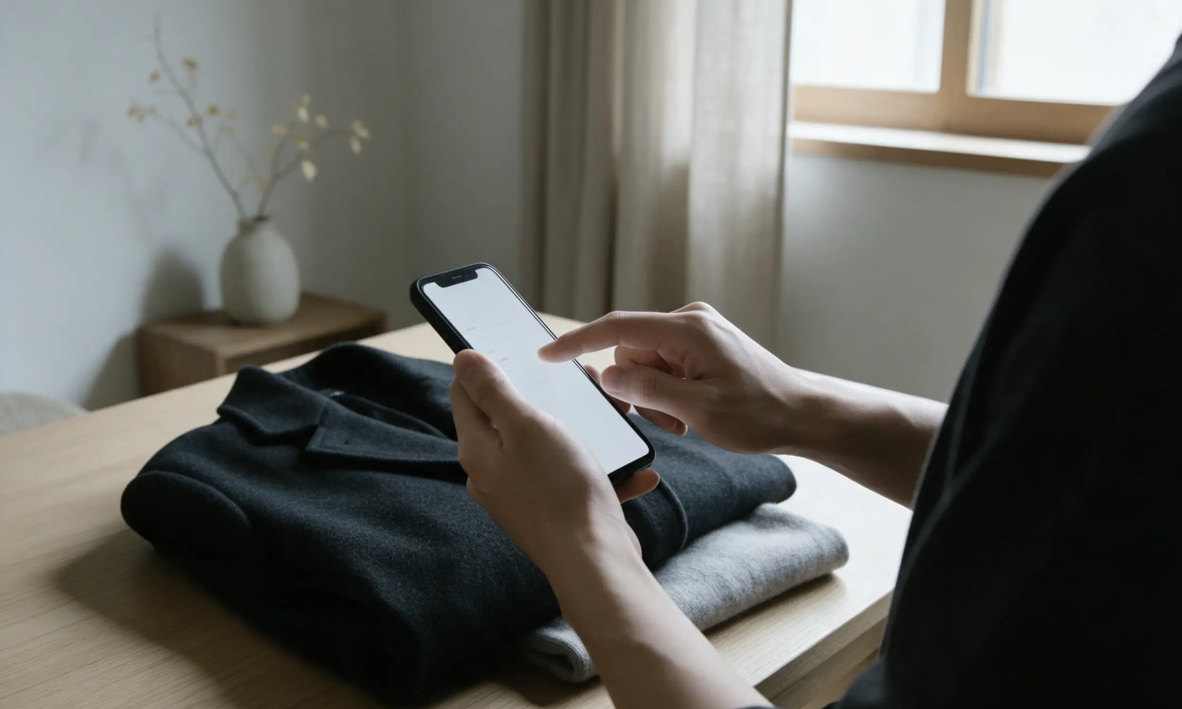 自宅のテーブルで、スマートフォンからお申込みフォームに入力する手元