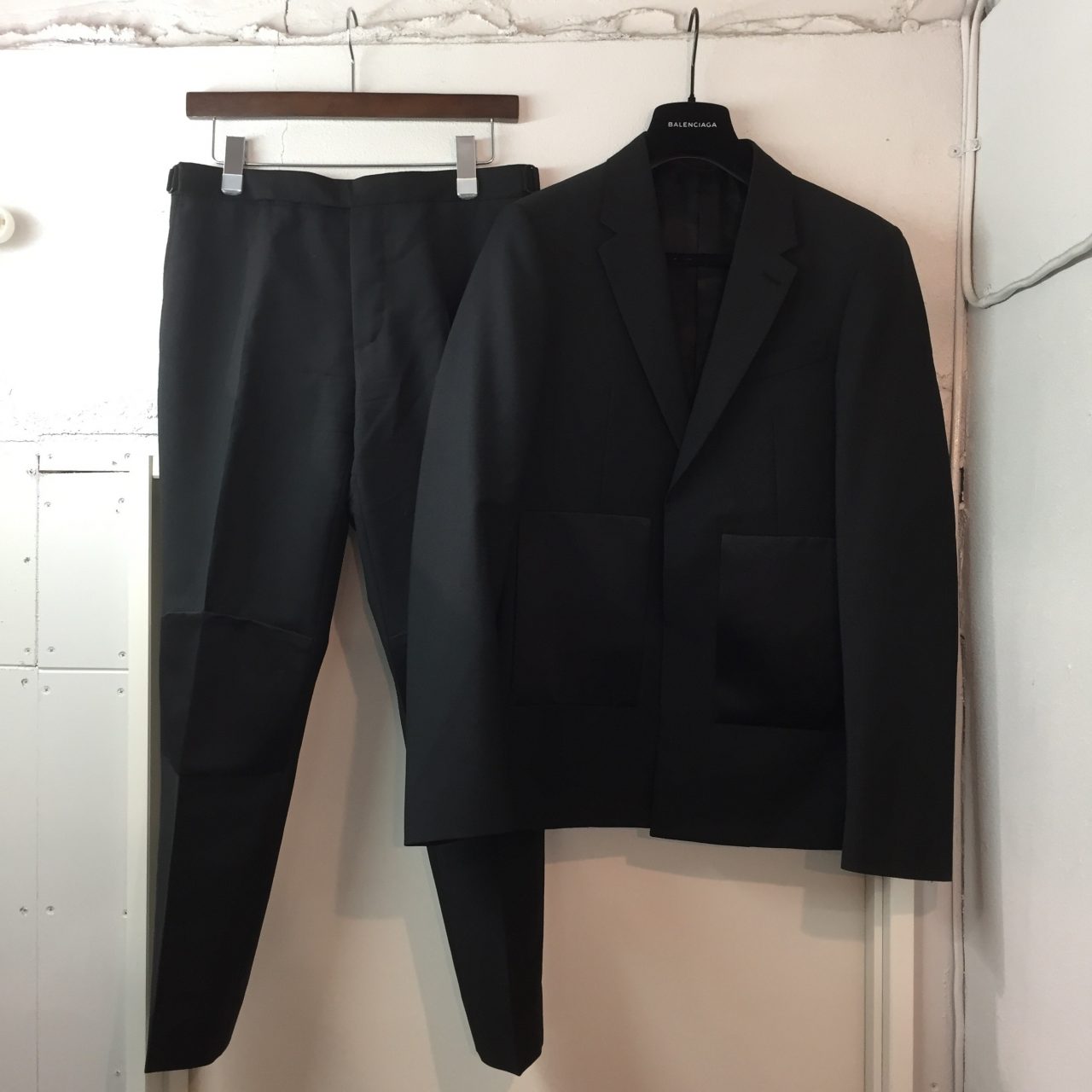 BALENCIAGA 15AW モヘヤ混サテンパッチテーラードジャケット・スリムスラックスパンツ